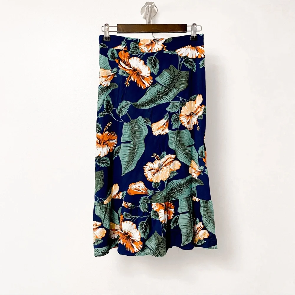No Brand 100% Rayon Tropical Floral 2 Piece Crop Top Chic Skirt Set Blue‎